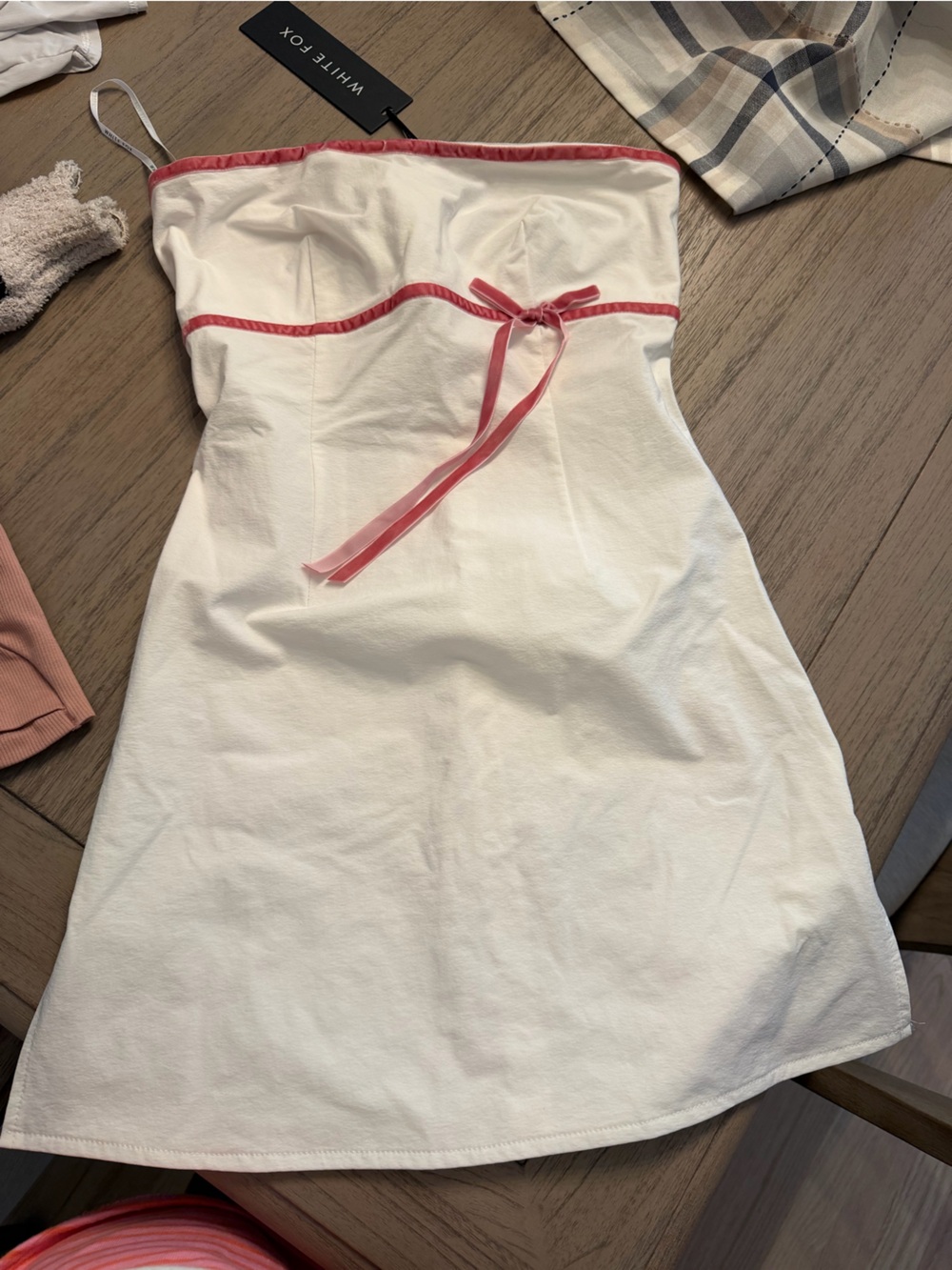 White Fox Boutique Strapless White Mini Dress with Pink Trim